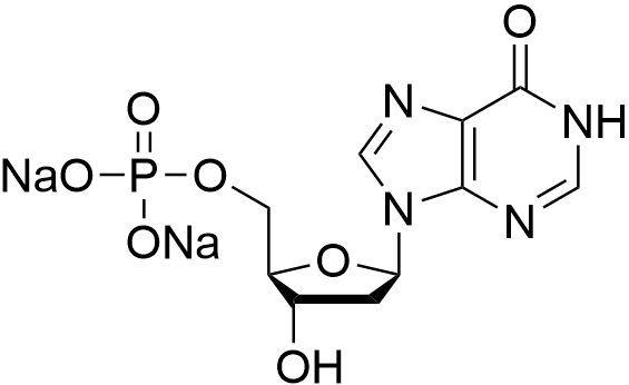 Sodium ((2R,3S,5R)-3-hydroxy-5-(6-oxo-1H-purin-9(6H)-yl)tetrahydrofuran-2-yl)methyl phosphate structure diagram
