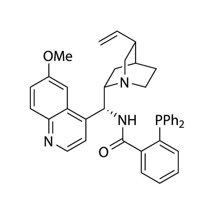 2-(Diphenylphosphaneyl)-N-((R)-(6-methoxyquinolin-4-yl)((1S,2S,4S,5R)-5-vinylquinuclidin-2-yl)methyl)benzamide structure diagram