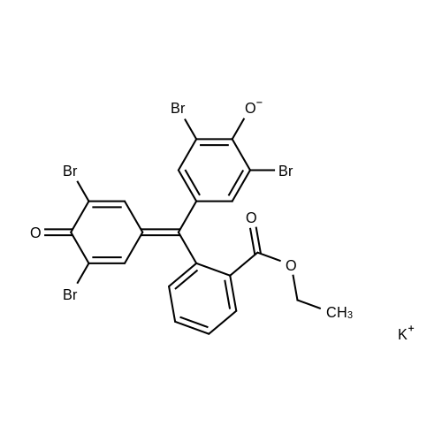Potassium 2,6-dibromo-4-((3,5-dibromo-4-oxocyclohexa-2,5-dien-1-ylidene)(2-(ethoxycarbonyl)phenyl)methyl)phenolate structure diagram