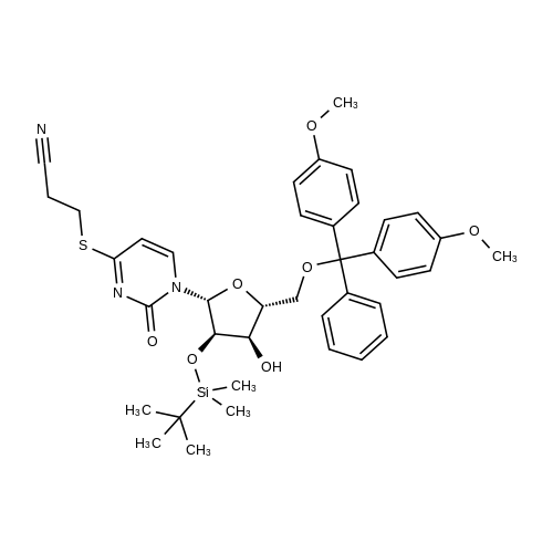 3-((1-((2R,3R,4R,5R)-5-((Bis(4-methoxyphenyl)(phenyl)methoxy)methyl)-3-((tert-butyldimethylsilyl)oxy)-4-hydroxytetrahydrofuran-2-yl)-2-oxo-1,2-dihydropyrimidin-4-yl)thio)propanenitrile structure diagram