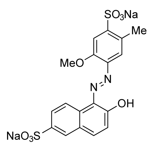 Sodium 6-hydroxy-5-((2-methoxy-5-methyl-4-sulfonatophenyl)diazenyl)naphthalene-2-sulfonate structure diagram