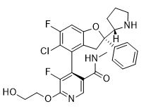 (S)-4-((S)-5-chloro-6-fluoro-2-phenyl-2-((S)-pyrrolidin-2-yl)-2,3-dihydrobenzofuran-4-yl)-5-fluoro-6-(2-hydroxyethoxy)-N-methylnicotinamide structure diagram